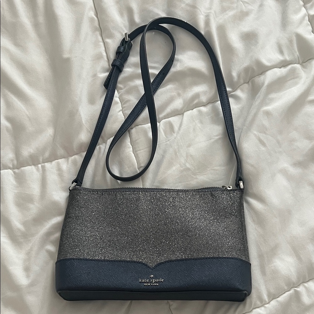 Kate Spade Glittery Silver and Navy Shimmery Leather Crossbody Bag